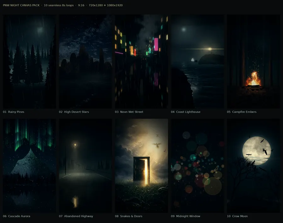 PNW Night Canvas Pack contact sheet